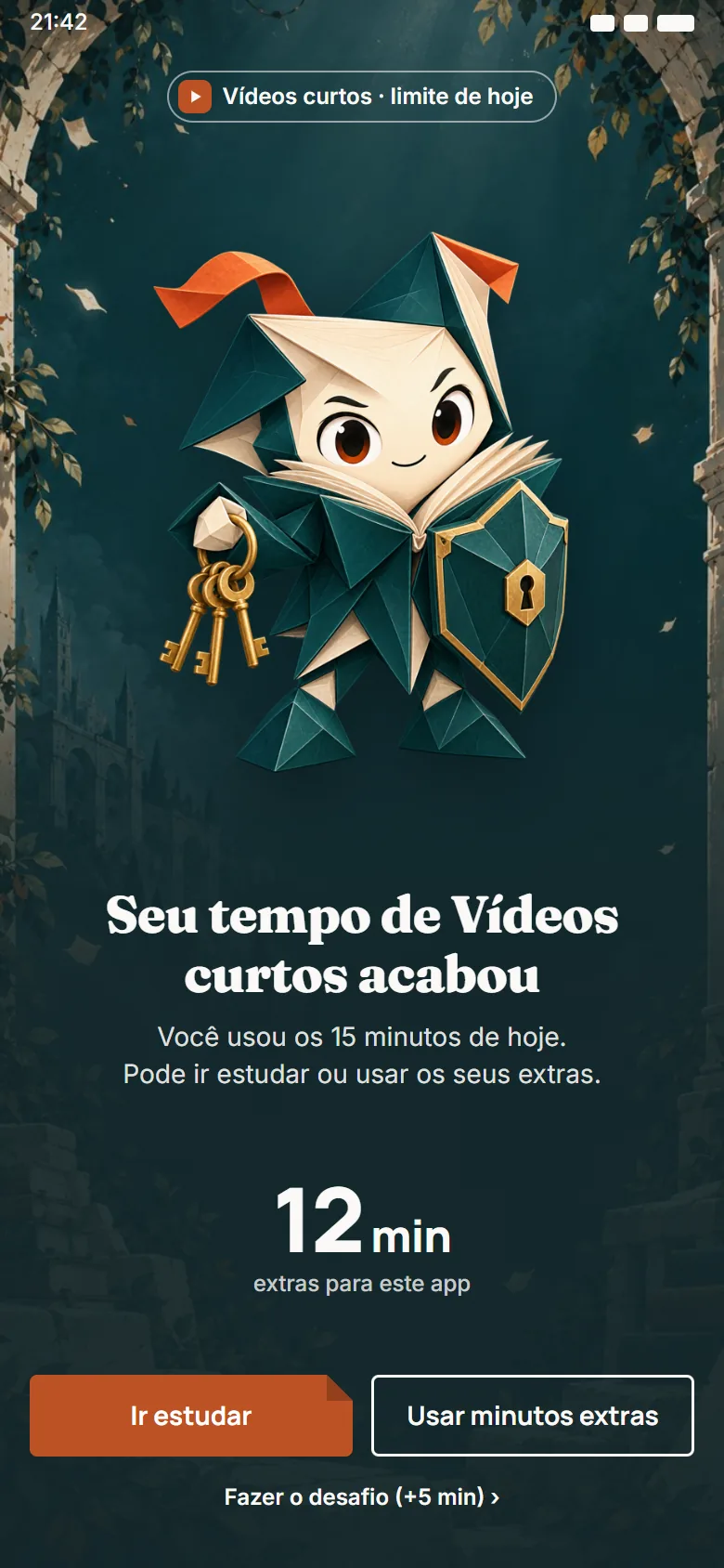 Ilustração: tela que aparece quando o tempo do app acaba, com os botões Ir estudar e Usar minutos extras