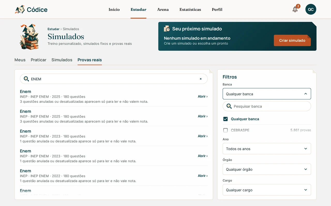 Tela de simulados com as provas reais do ENEM no computador